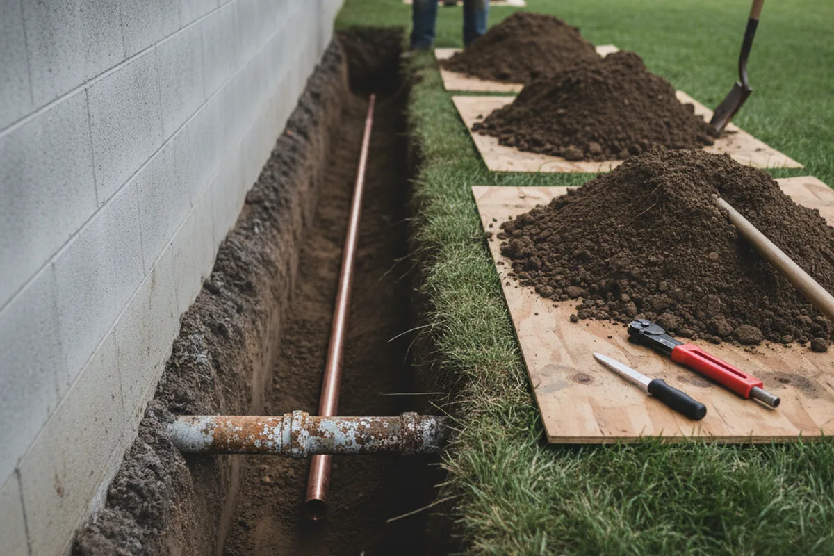 Excavated water line trench during Water Heater Repair in Chalmette